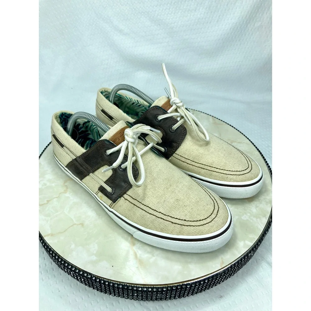 Tommy Bahama Boat Shoes Mens 10.5 Khaki Canvas Leather Dock Pool Beach Loafers
